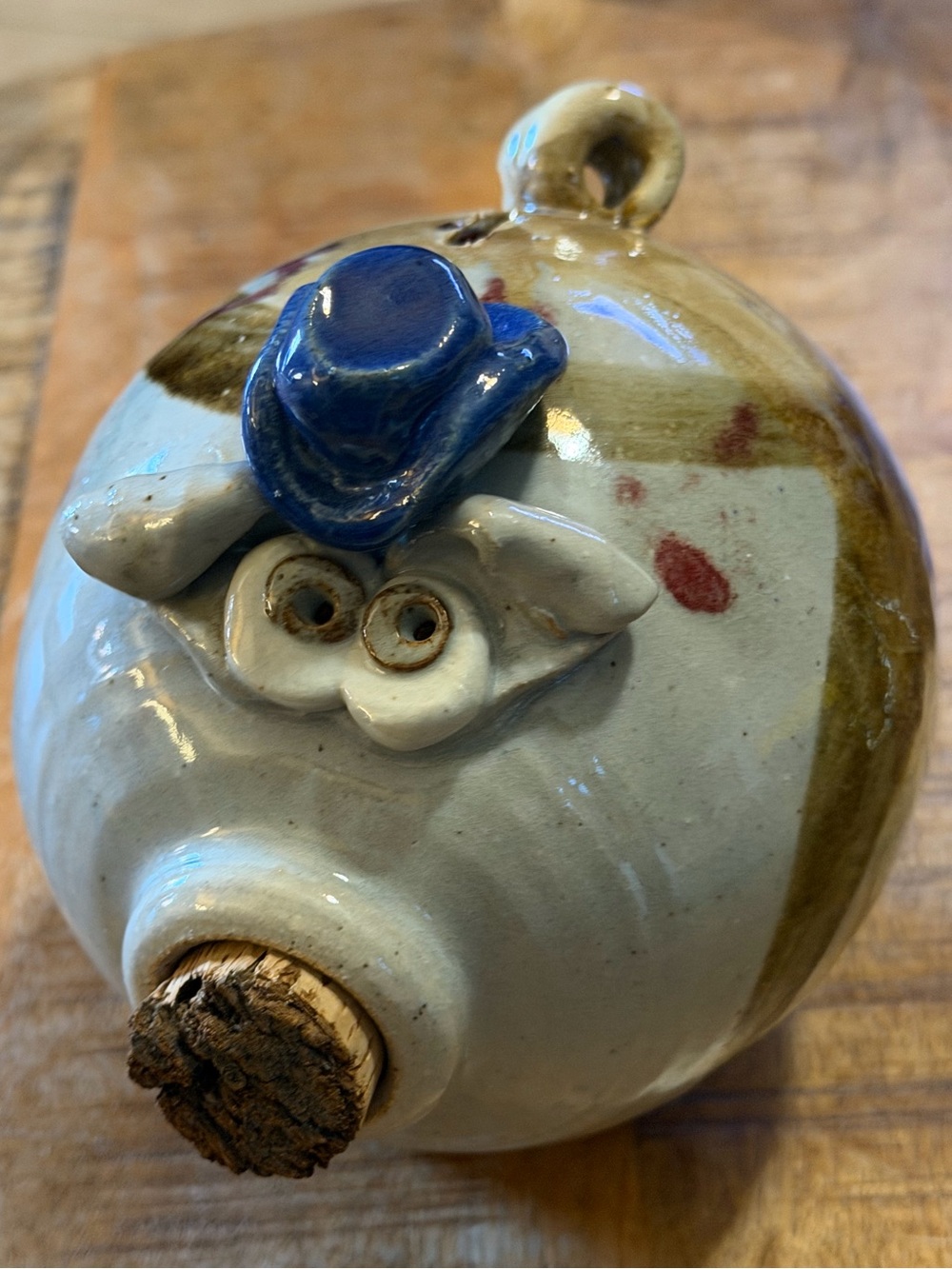Vintage Studio Pottery Stoneware Cowboy Piggy Bank Blue Drip Glaze Handcrafted